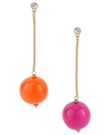 Have yourself a ball with this pair of linear earrings from Betsey Johnson. Crafted from gold-tone mixed metal, the earrings feature fuchsia and orange balls at the end for a whimsical touch. Glass crystal accents add luster. Approximate drop: 4 inches.