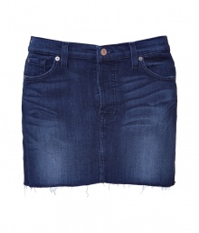 Stylish mini skirt in fine, cotton and Tencel stretch blend - Dark blue rinse has a chic, faded wash and whisker detail - Classic five pocket cut with belt loops, button closure and zip fly - Curve hugging, hits mid-thigh - Delicate fringe trim at hem - A casual-chic must ideal for everyday leisure - Pair with a tunic or t-shirt and flat leather sandals