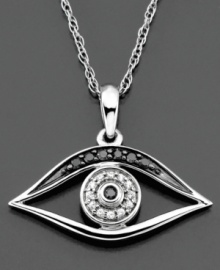 An evil eye pendant that gleams with drama. Features black and white round-cut diamonds (1/10 ct. t.w.) set in 14k white gold.  Approximate length: 18 inches. Approximate drop length: 1/2 inch. Approximate drop width: 3/4 inch.