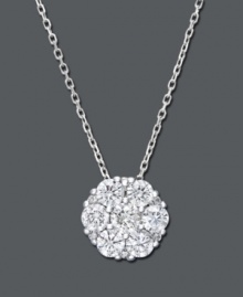 A simple drop creates a stunning look of sparkle and elegance. This chic pendant features round-cut diamonds (1 ct. t.w.) set in 14k white gold. Approximate length: 16 inches. Approximate drop: 3/8 inch.