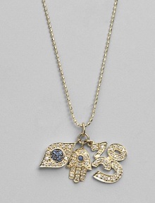 Three traditional protective amulets - the hamsa, the evil eye and the sacred om - dazzle in pavé diamonds with sapphire accents as they dangle from a 14k yellow gold ball chain. Diamonds, 0.38 tcw Blue sapphires 14k yellow gold Chain length, about 16 Pendants, about ¾L X ¾W each Lobster clasp Imported