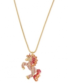 Feel the magic. This unicorn pendant from Betsey Johnson dazzles with multicolored crystal accents along a necklace crafted from gold-tone mixed metal. Approximate length: 16 inches + 3-inch extender. Approximate drop: 2 inches.