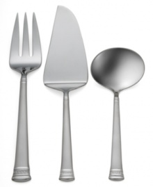 A truly elegant design that will enhance any table setting. The Carina Matte pattern incorporates a brushed 18/10 stainless steel handle into a neoclassical-looking motif that adorns the top and neck of the handle. 3-piece set includes a cold meat fork, gravy ladle and pastry server. Dishwasher safe.