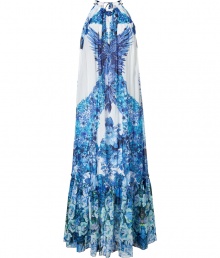 Effortless glamour is easily achieved in this luxe printed maxi dress from Roberto Cavalli - Halter top, sleeveless, relaxed silhouette, all-over print, ruffled hem - Wear with embellished sandals, a fringed shawl, and a statement clutch