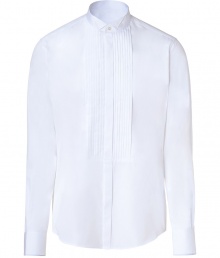 Elegant dress shirt in fine, pure white cotton - A chic twist on the classic button down - Wing collar and long, cuffed sleeves - Pleated shirt front with covered button placket - Hem hangs slightly longer in the back - Slim, straight cut - Polished and versatile, a stylish must in any wardrobe - Pair with suit trousers and a blazer or tuxedo jacket