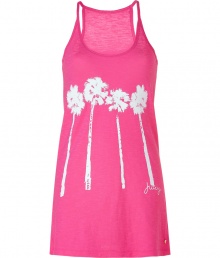 Casually chic and ultra-comfy, Juicy Coutures bright pink sleep tank is ideal for bedroom or boudoir - California classic palm tree graphic on a pure, super-soft, summer weight cotton - Slim cut, with deep scoop neck and skinny straps - Long, lean silhouette - Tank hits below hips -  Pair with boy shorts, leggings or slim yoga pants