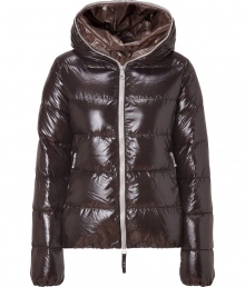 Stay warm while maintaining your impeccable style in this sporty, lightweight down jacket from Duvetica - Hooded, front zip closure that extends to the hood for decorative effect, long sleeves, zip pockets, quilted - Wear with an elevated jeans-and-tee ensemble and shearling lined boots