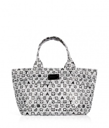 Work a covetable edge into busy days with Marc by Marc Jacobs allover logo print tote - Double top handles, logo plaque, top zip, inside zippered back wall pocket - Perfect for running errands or stashing away office or school essentials