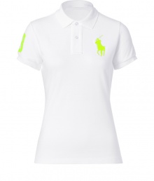 Detailed in breathable cotton mesh, Ralph Laurens neon detailed big pony polo is a cool modern take on this iconic style - Small collar, button placket, short sleeves, oversized neon yellow embroidered polo player at chest and number patch on sleeve, slit sides, high-low hemline - Classic slim fit - Wear with your favorite jeans and just as bright loafers