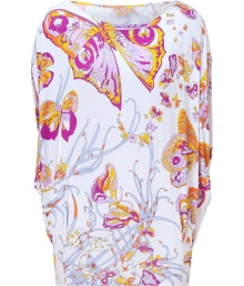 Dress up spring looks with a whimsical edge in Emilio Puccis butterfly print draped jersey top - Wide neckline, draped dolman cap sleeves - Loosely draped fit - Wear with a pencil skirt and just as bright heels