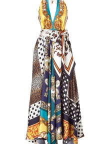 With a luxe mixed scarf print, this D&G Dolce & Gabbana halter gown makes a bold statement - Halter neck, deep V, open back, full skirt, all-over mixed print - Pair with sky-high platform sandals and an embellished clutch