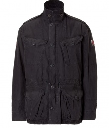 Perfect for transitional spring weather, this luxe parka brings high style without compromising comfort- Stand collar with front button detail, epaulets, front button placket, two chest and hip cargo pockets, drawstring waist, British flag patch on arm - Pair with an elevated jeans-and-tee ensemble and boots