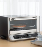 Cooking shouldn't be a guessing game - this smart toaster oven uses its Exact Heat(tm) sensor to maintain precise oven temperature. Bake, broil and toast in brilliant stainless steel with a brushed chrome commercial-style handle. Three-year limited warranty. Model TOB-155.