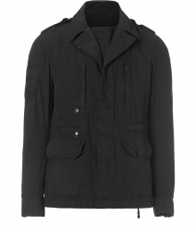 Luxurious outdoor jacket by Parisian cult label Balmain - in fine black cotton - cool version of the classic parka - with flap and zipper pockets, shoulder ?paulets, small collar and hidden zipper - slim, straight cut, super hip length - a real dream jacket!!! - wind-and weatherproof - awesome  for spring and summer - perfect for all casual looks - style: with jeans or chinos and boots, sneakers