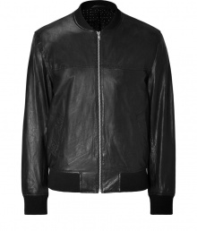 Bring high style to your day or night look with this short leather jacket from PS Paul Smith - Ribbed stand collar, front zip closure, slim fit, ribbed hem and cuffs - Wear with straight leg jeans, a tee, and trainers