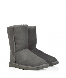 A true original and casually stylish go-to from Ugg, the classic grey short boot is a perennial must - Crafted from twin-faced sheepskin and featuring exposed seams, reinforced heel, traction outsole and signature Ugg label - Fleece-lined for superior warmth and comfort - Shorter, mid-calf height ideal for wearing under or over pants - Truly versatile, perfect for pairing with everything from skinny jeans to yoga pants to miniskirts