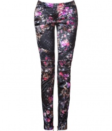 Rock n roll style goes ultra-luxe with these of-the-moment floral print skinny pants from Balmain - Snap tab closure, belt loops, quilted panels at top, sides, knees, and back pockets, multiple side zip pockets, inside ankle zips - Skinny fit, biker-style - Wear with an oversized top, a cropped blazer, and platform heels