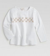 Crafted in stretchy cotton, this long-sleeved pullover features a gold studded GG pattern.CrewneckLong sleevesShoulder buttonsCotton/ElastaneDry cleanImported