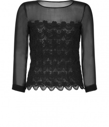 Elevate separates to be cocktail or black tie-ready with this elegant sheer chiffon top from Philosophy di Alberta Ferretti - Round neck, long sleeves, sheer with lace-detailed bodice detail - Pair with cropped skinny pants, statement platform pumps, and an embellished clutch