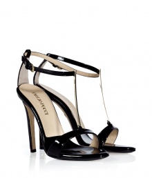 Metallic details amp up the glam factor of these elegant T-strap heels from Emilio Pucci - Gold-tone metallic T-strap front, ankle strap with buckle closure, stiletto heel with golden accent - Pair with wide leg trousers and a silk blouse or a flirty cocktail frock