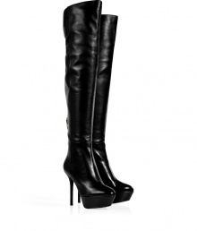 Amp up your look with a kick of hard-edge elegance in Sergio Rossis jet black over-the-knee platform boots - Rounded toe, back zip, stiletto heel, slit cuff - Showcase super seductive lines with micro-minis or extra slim skinnies