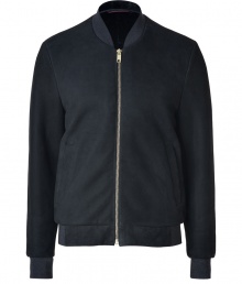 The forever favorite baseball jacket gets an ultra luxe remix in Marc Jacobs shearling lined silhouette - Collarless, long sleeves, fine ribbed trim, metal front zip, side slit pockets - Classic slim straight cut, fitted hemline - Wear with everything from favorite jeans and boots to edgy knits and tailored trousers