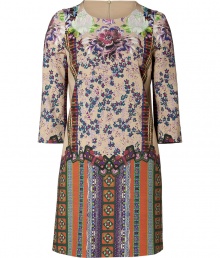 A floral-meets-mosaic print covers this chic shift dress from Etro - Round neck, 3/4 sleeves, mini-length, concealed back zip closure, all-over mixed print - Straight tailored silhouette - Wear with high heel pumps and an oversized satchel for daytime glam