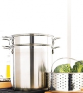 Multi-functional set for preparing soup, pasta, veggies and more. Constructed with a nonreactive stainless steel interior and an aluminum disk bottom. Features riveted, stay-cool handles.  Oven safe to 500°. Dishwasher safe; hand wash to maintain luster. Includes a 12-quart stock pot, a pasta insert and a steamer basket. Manufacturer's limited lifetime warranty.