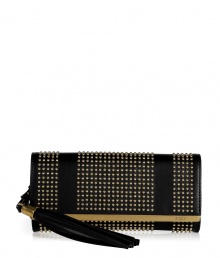 Edgy-cool goes ultra lavish with this stud and tassel detailed clutch from Emilio Pucci - Classic envelope shape, front flap with logo gold-tone hardware trim, studded panels, leather tassel - Style with a cocktail-ready frock and platform pumps