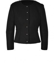 Elegant, polished jacket in fine, black wool blend - Feminine, structured shape with a slight peplum, classic round neck, long sleeves, epaulettes and silver buttons - Favorite jacket for all occasions - Pair with business trousers, jeans, or a slim pencil skirt