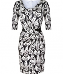 Take this seasons penchant for prints to cocktails with Salonis ultra chic monochrome ikat print dress - Wrapped V-neckline and pleated bodice, elbow-length sleeves, gathered waist, tonal metallic elasticized waistband, hidden back zip - Softly draped fitted top, form-fitting wrap-effect skirt - Team with a leather jacket, statement heels and a cool clutch