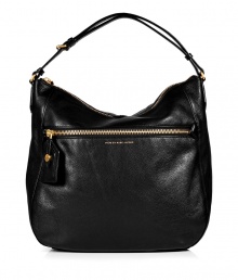 Detailed in textural black leather with a practical oversized shape, Marc by Marc Jacobs hobo bag lends a cool Downtown edge to every outfit - Zippered front pocket with luggage tag, metallic embossed logo, double top handles, removable belted shoulder strap, zippered top, inside zippered back wall pocket, 2 front wall slot pockets - Sling over your shoulder for work, school, or weekend shopping