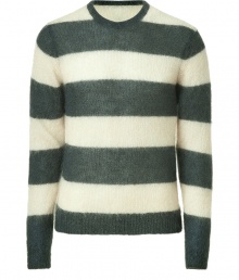 Collegiate stripes get a kick of downtown cool in Marc by Marc Jacobs oatmeal mohair blend pullover - Rounded neckline, long sleeves, ribbed trim, fitted - Pair with jeans, chinos or cords