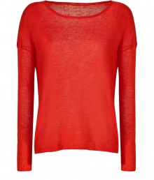 Build the foundations of cool layered spring looks starting with Vinces geranium red linen pullover - Rolled wide neckline, long sleeves, slit sides, longer back, semi-sheer - Loosely fitted - Wear with a tissue tee, skinnies and sandals