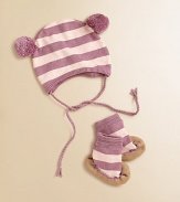 This adorably striped set offers a bold, fun take on two baby basics. Hat Braided tie closurePom-pom ears Booties Pull-on style with knit cuffsBottom tractionCottonMachine washImported