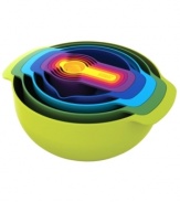 Create a smart space. Do more, make more and have more on hand to conquer every recipe you love with this nesting mixing bowl set. The innovative design is great for easy storage, especially in small spaces, and includes everything from mixing bowls to a colander to measuring cups.