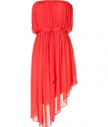 Luxurious cocktail dress in coral red silk - sleeveless bodice top with accentuating waist belt - agonal cut skirt, pleated all over - summery and light glamour dress for big and noble events - pair with gold sandals and a color coordinated clutch