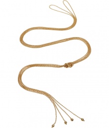 This sexy necklace is a sleek addition to any accessories collection - Designed in 14-karat gold-plated brass by Argentine Mara Carrizo Scalise - Adjustable knot, two-strap design works for day or evening styles in a wide variety of occasions