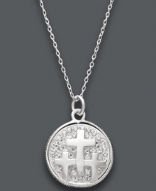 Three things to live by. Unwritten's sentimental pendant features a sterling silver and sparkling crystal cross design with the engraved words Faith, Hope, and Love. Approximate length: 18 inches. Approximate drop: 1 inch.