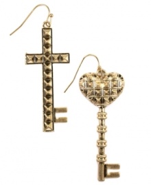 What's the key to looking chic? You can't go wrong with RACHEL Rachel Roy's eye-catching drop earrings! Featuring a key silhouette with cross and heart designs, they're made in gold tone mixed metal. Approximate drop: 2-1/2 inches.