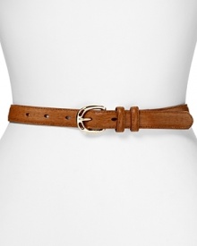 Cinch your waist with a slim, chic leather belt with a hint of equestrian influence. From Lauren by Ralph Lauren.