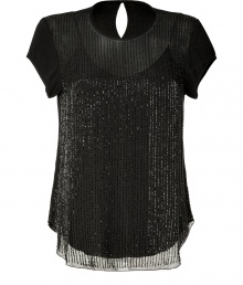 Get glamorous with this stunning embellished silk top from LAgence - Semi-sheer overlay with round neck, short sleeves, bead-embellished front detail, curved hem, and back keyhole opening with buttonSolid camisole underlay - Style with slim tuxedo pants, a cropped blazer, and peep-toe platforms