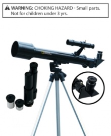 Astronomy 101! This full-size refractor telescope rests on a full-height, adjustable aluminum tripod, includes 3 eyepieces and a 3X Barlow Lens Delivering magnification up to 375X.