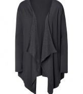 Chic cardigan in two-tone cotton and cashmere blend - Drape detail at lapels - Long sleeves and open neckline - Asymmetric fall below the hip - Extra-soft layering piece - Works for the weekend and the office - Pair with skinny jeans and wedge boots