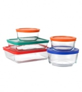 From inception to production, your food and ingredients can live in Pyrex's storage set, non-porous containers with easy-stack lids that can be used in baking, microwaving, serving and storage.  Each size container features a colored lid that makes it easy to spot and organize. 2-year limited warranty.