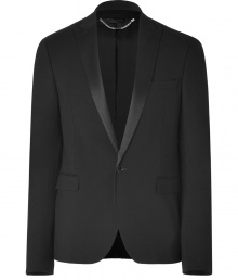 A streamlined version of the classic tux jacket, this sleek version from Costume National can be effortlessly dressed up or down - Narrow notched satin lapels, long sleeves, one-button closure, flap pockets, back vent - Style with matching pants, jeans, or slim trousers