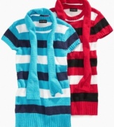 Soft and sweet. Give her look a colorful pop with these stripe sweater and scarf from Forever and Ever.