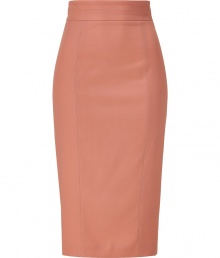 Luxurious pencil skirt in a coral wool blend - A  signature sexy piece from the collection of  LWren Scott, a real highlight - Classic pencil cut with the new, high waistband - The hem ends below the knee - new length - A figure knockout, never have you ever worn a skirt that molds such curves and simultaneously makes you look so totally slim - Perfect even for very tall women - In the office with a blazer and blouse, for evening with a tunic and sandals