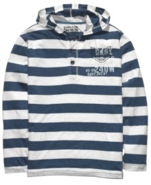 With a striped henley style, this hoodie from DKNY Jeans combines the best of two cool casual looks.