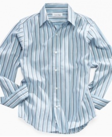 Pair this classic striped button-front by Calvin Klein with his favorite chinos or faded jeans for the ultimate casual-cool look.